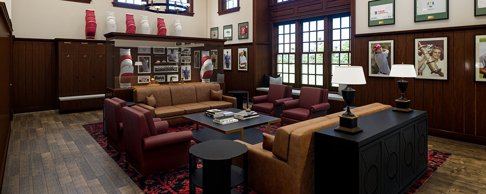 Rendering of a men's locker room at the Golf Practice Facility