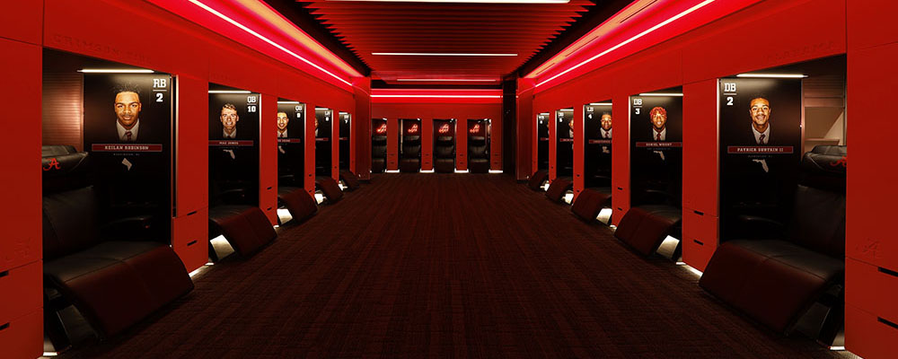 Locker Room in the Mal M. Moore Athletic Facility lit with red lights