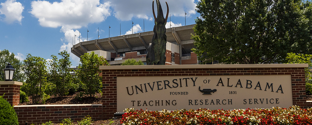 Tuska in front of Bryant-Denny Stadium