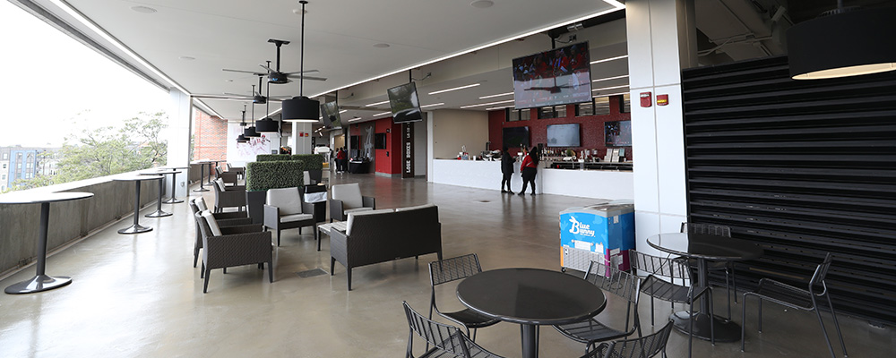 Seating in conversation groups out in the concourse