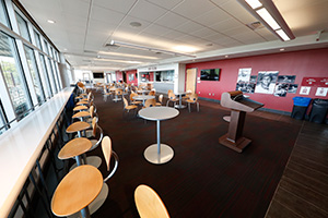 Chairs around round tables and counter seating along the windows